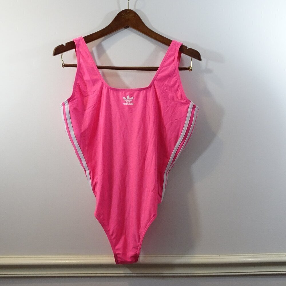 Adidas One Piece Swimsuit Pink White Stripes Size 18 NEW 3 Stripe MSRP $65